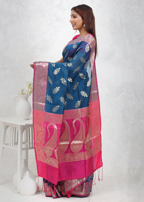 Blue Kora Silk Saree Without Blouse Piece - Indian Silk House Agencies