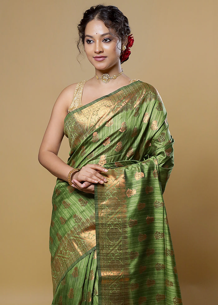 Green Kora Silk Saree With Blouse Piece