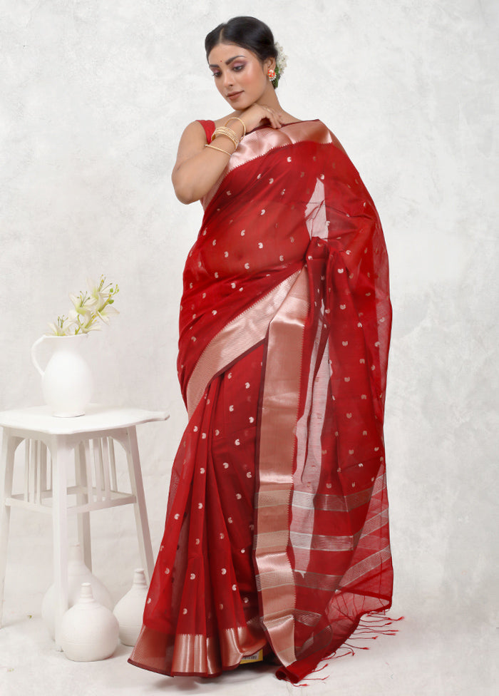 Red Kora Silk Saree Without Blouse Piece