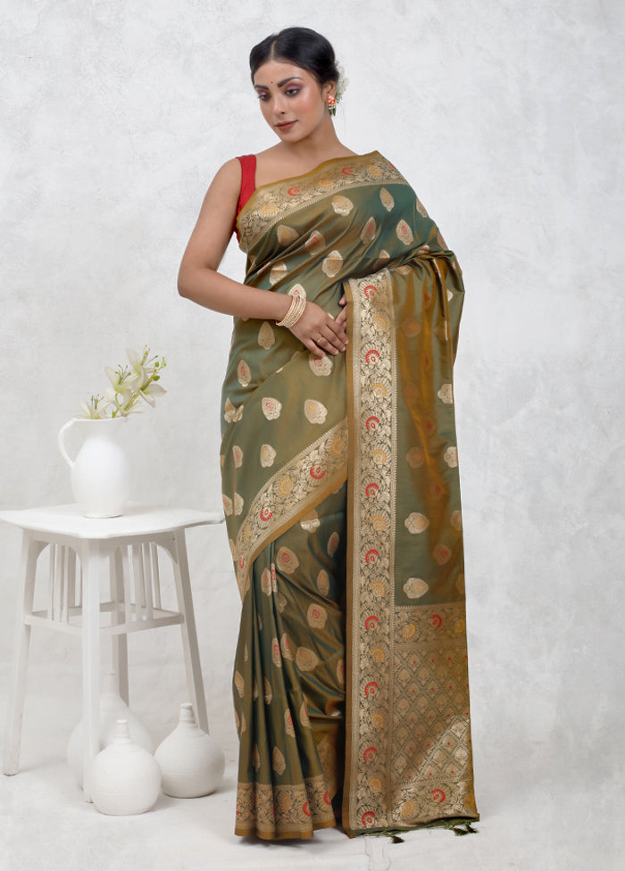 Green Dupion Silk Saree Without Blouse Piece - Indian Silk House Agencies