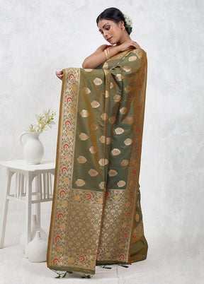 Green Dupion Silk Saree Without Blouse Piece - Indian Silk House Agencies