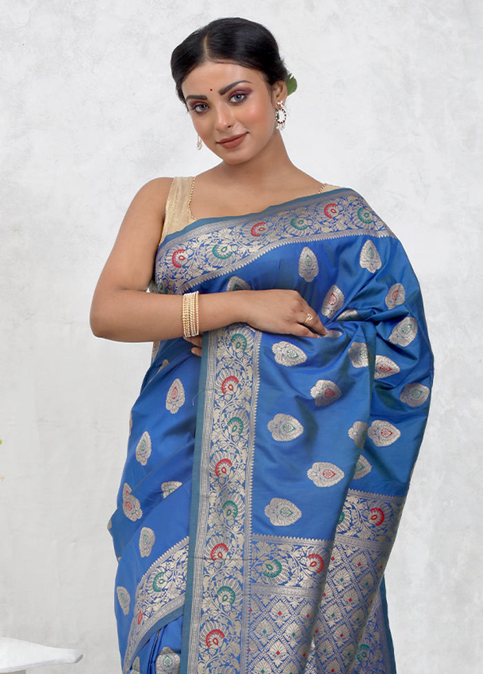 Blue Dupion Silk Saree With Blouse Piece