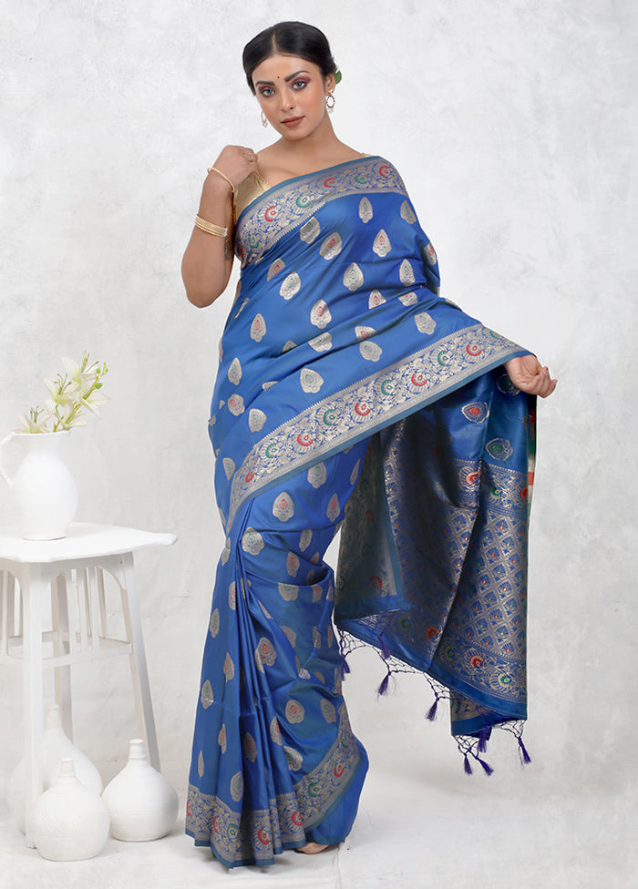 Blue Dupion Silk Saree Without Blouse Piece - Indian Silk House Agencies