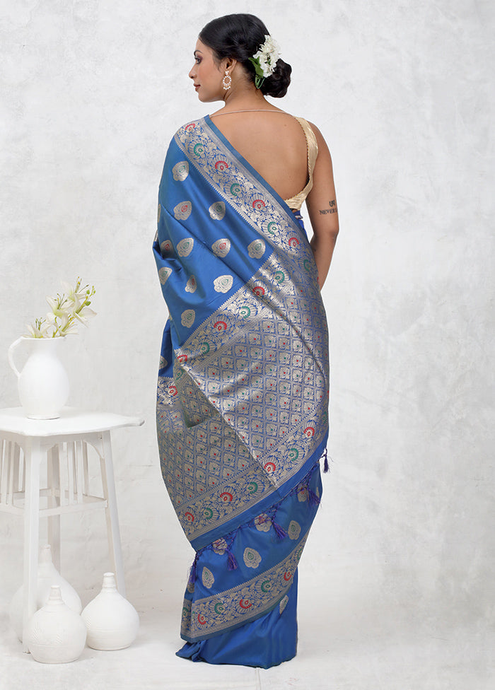 Blue Dupion Silk Saree Without Blouse Piece - Indian Silk House Agencies