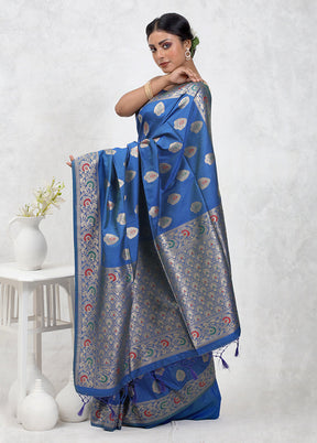 Blue Dupion Silk Saree Without Blouse Piece - Indian Silk House Agencies