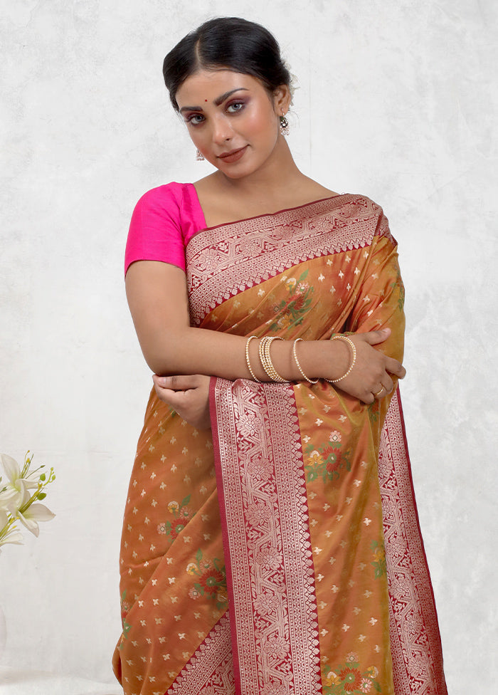 Orange Dupion Silk Saree Without Blouse Piece - Indian Silk House Agencies