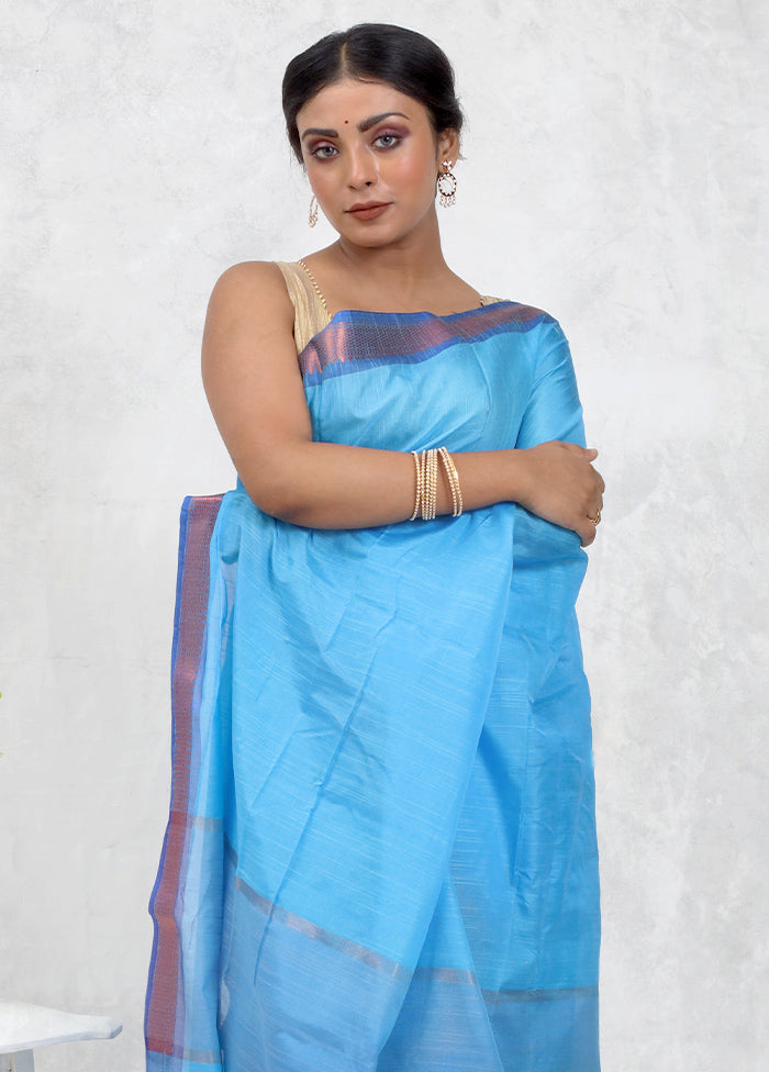 Blue Dupion Silk Saree Without Blouse Piece - Indian Silk House Agencies