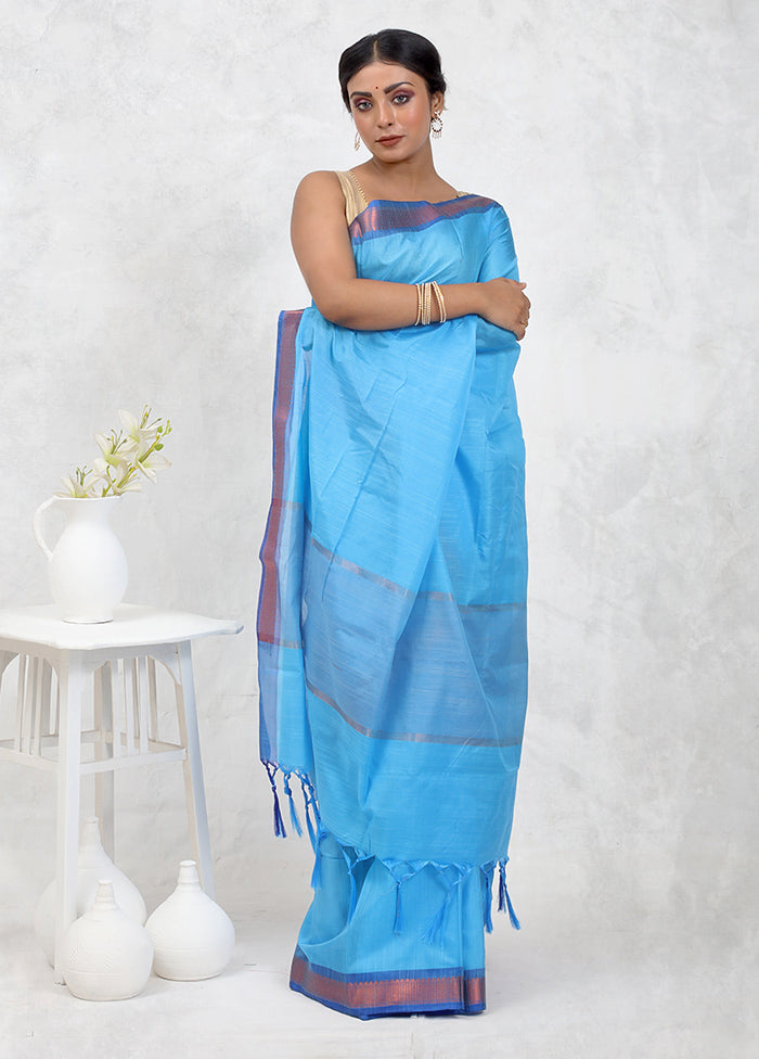 Blue Dupion Silk Saree Without Blouse Piece - Indian Silk House Agencies