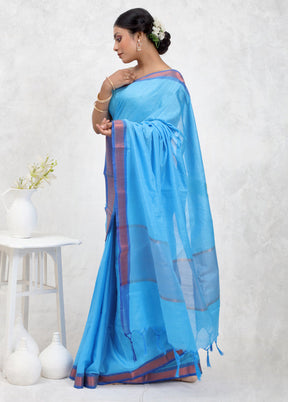 Blue Dupion Silk Saree Without Blouse Piece - Indian Silk House Agencies