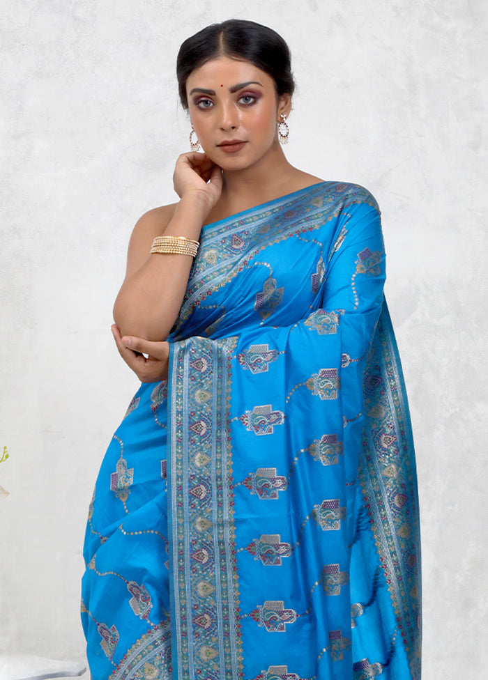 Blue Dupion Silk Saree Without Blouse Piece - Indian Silk House Agencies