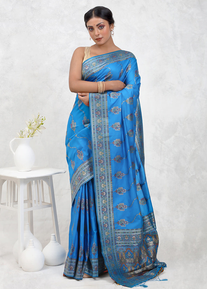 Blue Dupion Silk Saree Without Blouse Piece - Indian Silk House Agencies