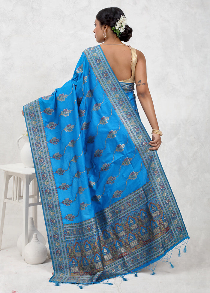 Blue Dupion Silk Saree Without Blouse Piece - Indian Silk House Agencies