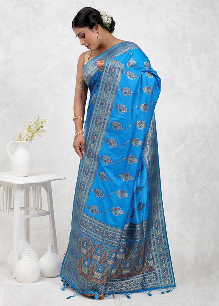 Blue Dupion Silk Saree Without Blouse Piece - Indian Silk House Agencies