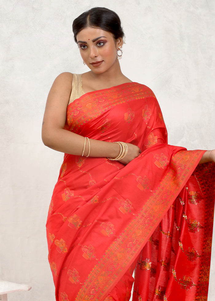 Orange Dupion Silk Saree With Blouse Piece