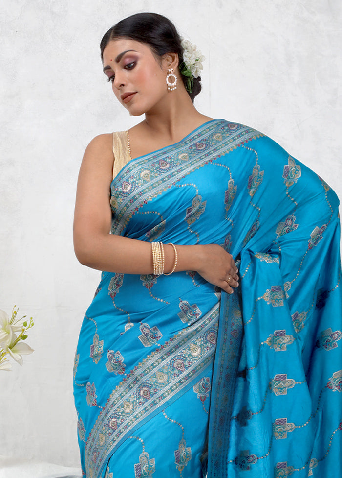 Blue Dupion Silk Saree Without Blouse Piece - Indian Silk House Agencies