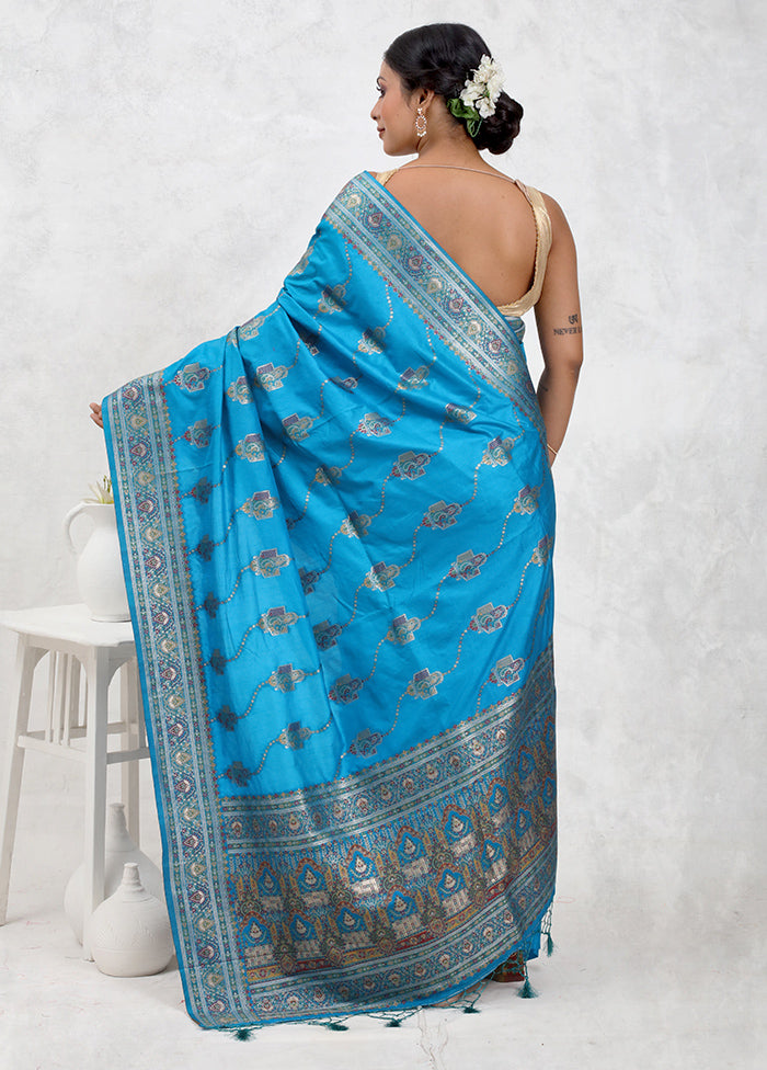 Blue Dupion Silk Saree Without Blouse Piece - Indian Silk House Agencies