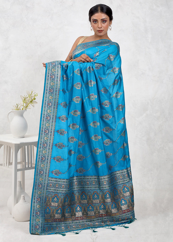 Blue Dupion Silk Saree Without Blouse Piece - Indian Silk House Agencies