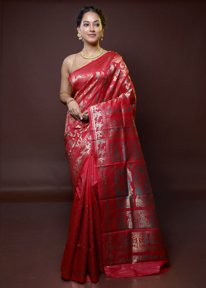 Red Baluchari Silk Saree With Blouse Piece