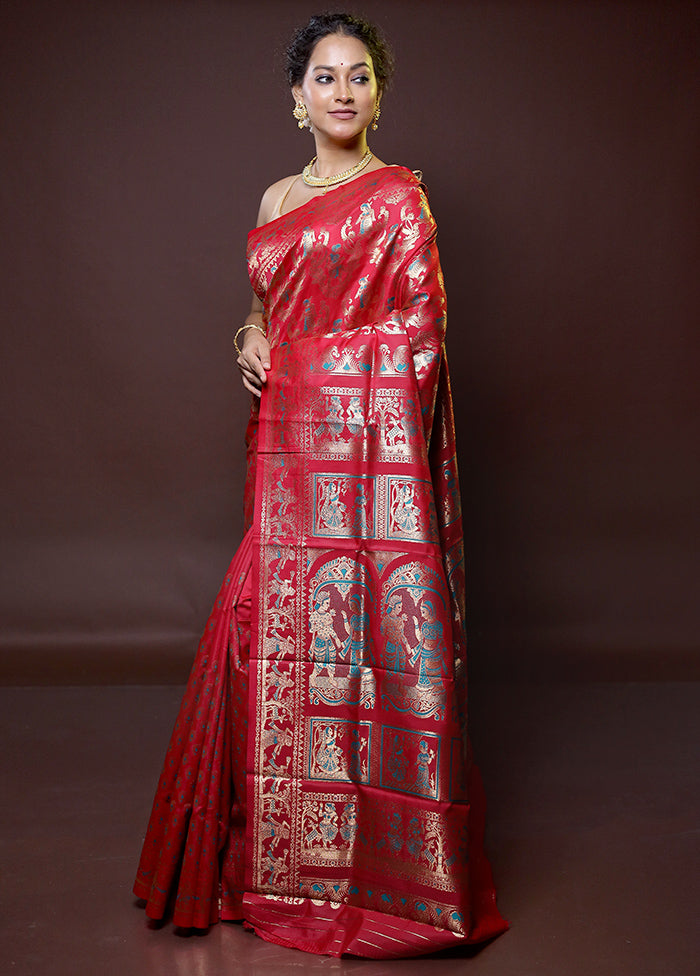 Red Baluchari Silk Saree With Blouse Piece