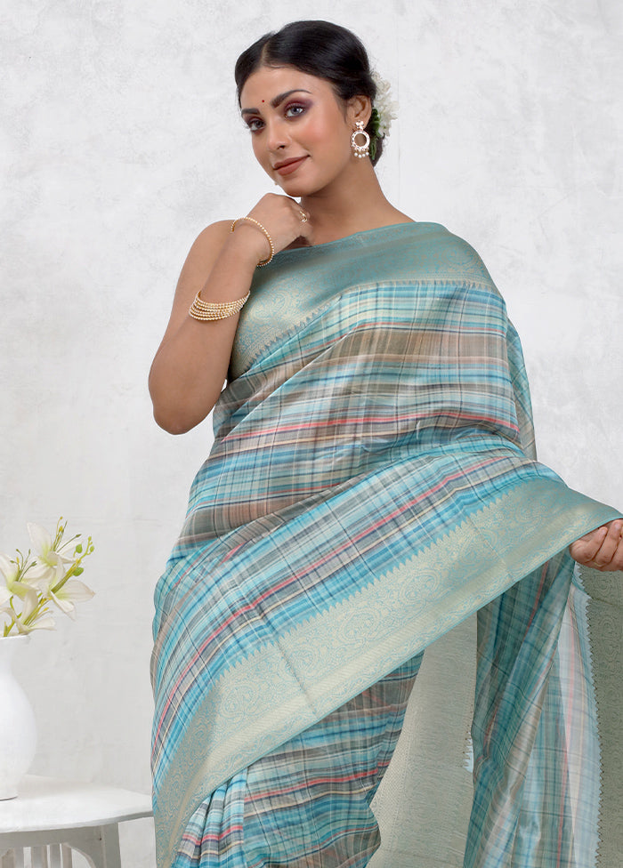 Blue Dupion Silk Saree Without Blouse Piece - Indian Silk House Agencies