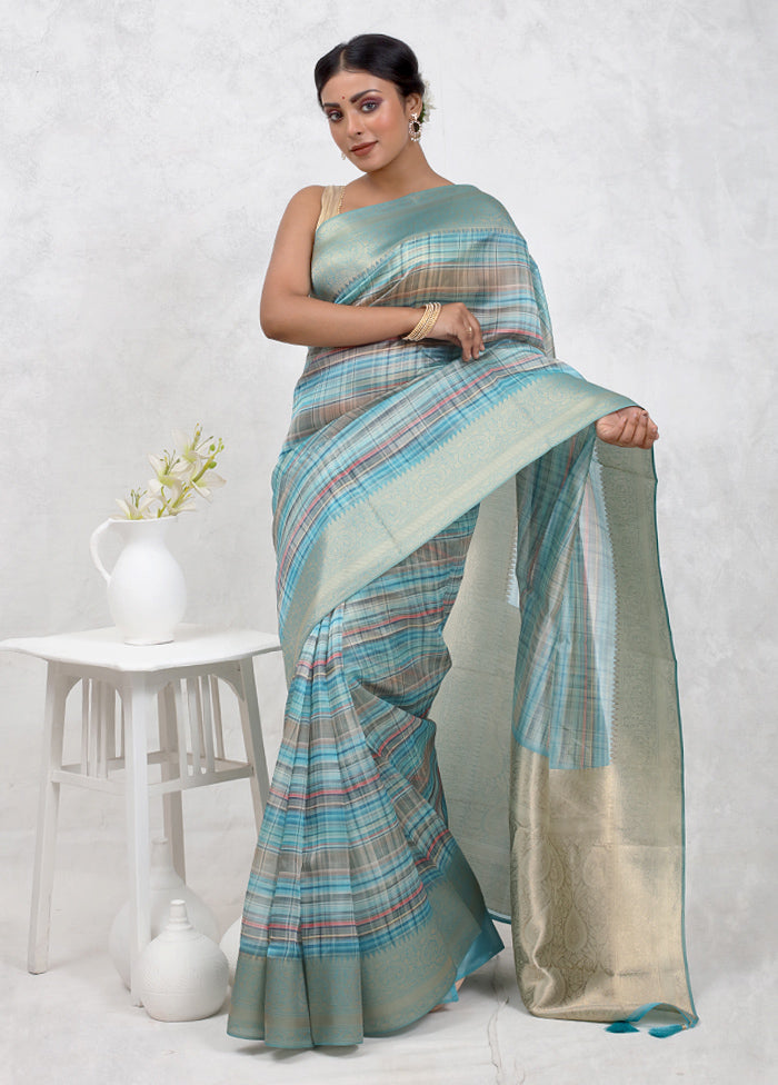 Blue Dupion Silk Saree Without Blouse Piece - Indian Silk House Agencies