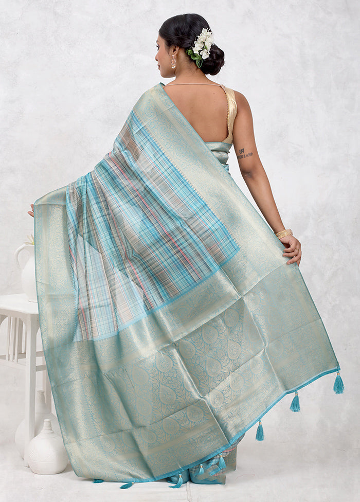 Blue Dupion Silk Saree Without Blouse Piece - Indian Silk House Agencies