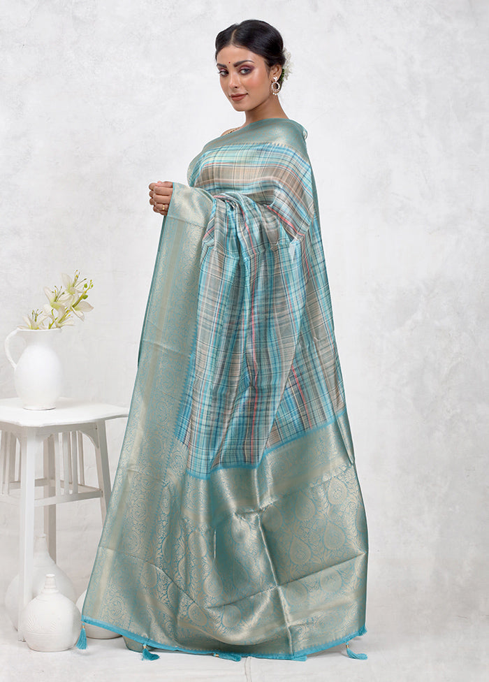 Blue Dupion Silk Saree Without Blouse Piece - Indian Silk House Agencies