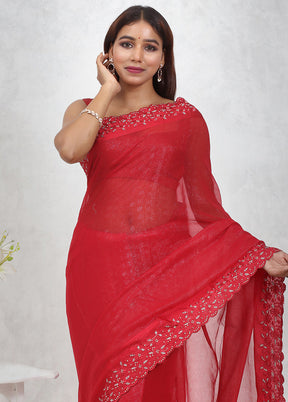 Red Chiffon Silk Saree Without Blouse Piece - Indian Silk House Agencies