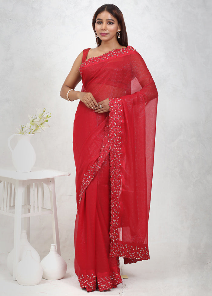 Red Chiffon Silk Saree Without Blouse Piece - Indian Silk House Agencies