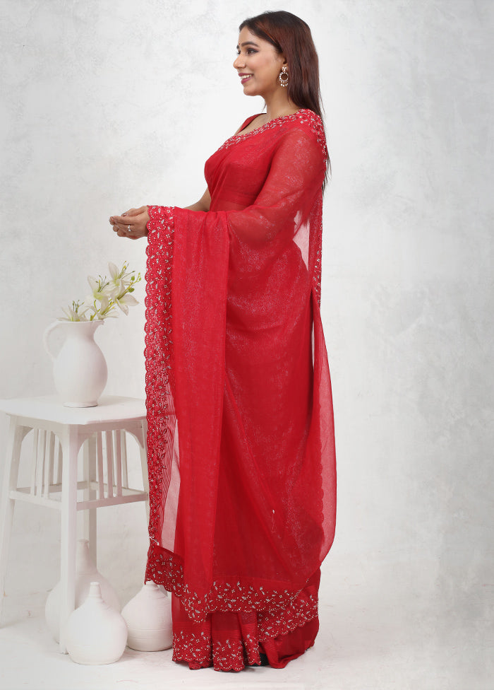 Red Chiffon Silk Saree Without Blouse Piece - Indian Silk House Agencies