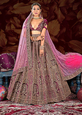 3 Pc Purple Velvet Semi Stitched Lehenga Set - Indian Silk House Agencies