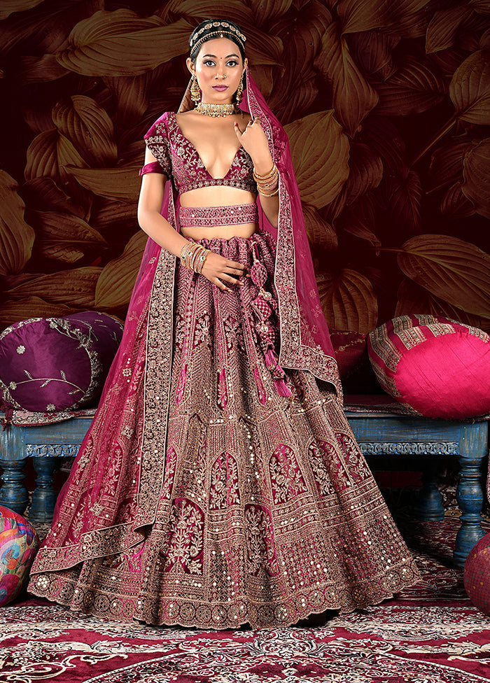 3 Pc Wine Velvet Semi Stitched Lehenga Set - Indian Silk House Agencies