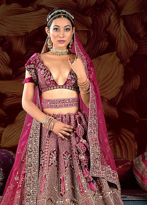 3 Pc Wine Velvet Semi Stitched Lehenga Set - Indian Silk House Agencies