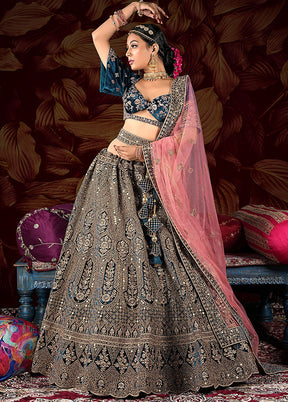 3 Pc Peach Velvet Semi Stitched Lehenga Set - Indian Silk House Agencies