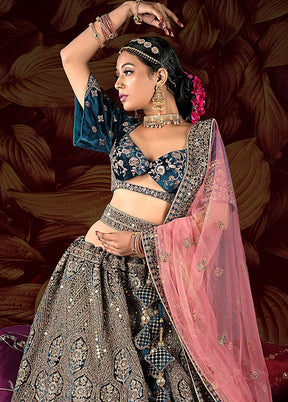 3 Pc Peach Velvet Semi Stitched Lehenga Set - Indian Silk House Agencies