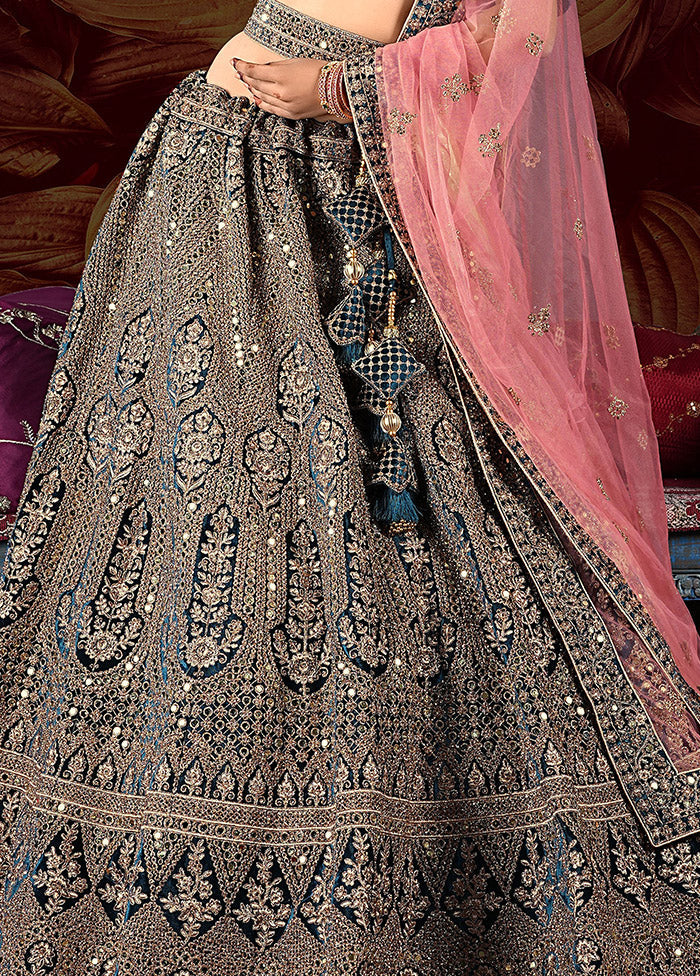 3 Pc Peach Velvet Semi Stitched Lehenga Set - Indian Silk House Agencies