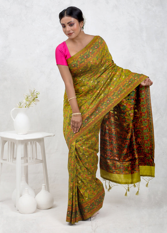 Green Dupion Silk Saree Without Blouse Piece - Indian Silk House Agencies