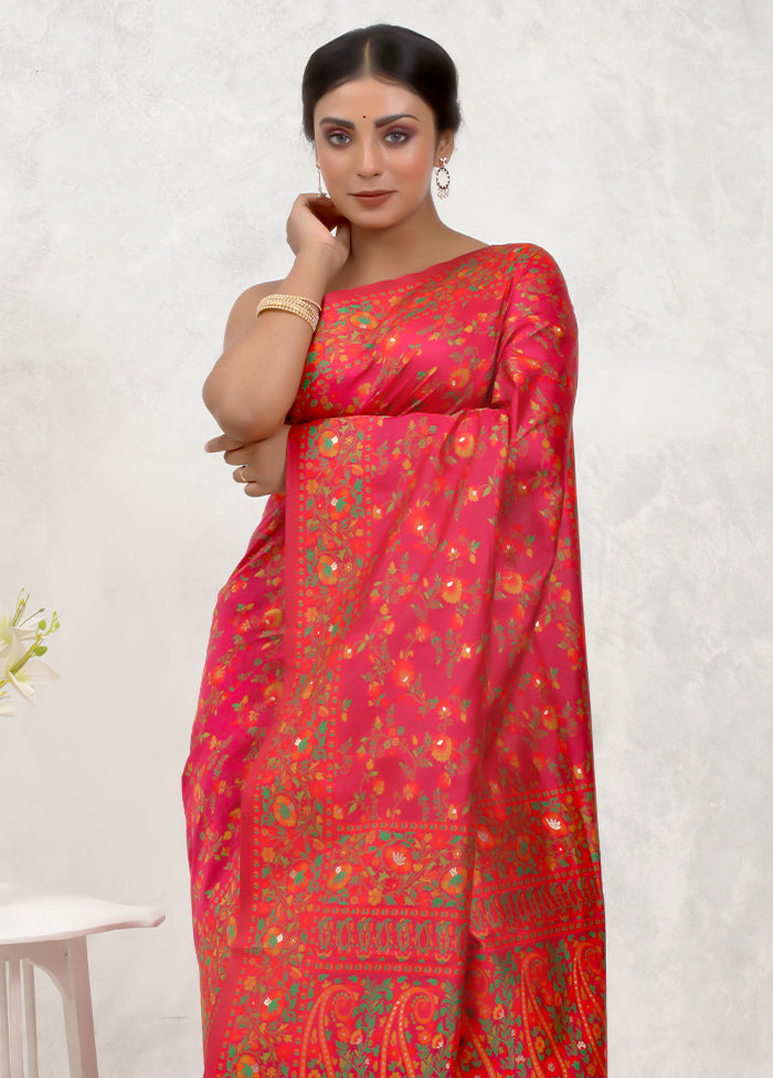 Red Dupion Silk Saree Without Blouse Piece - Indian Silk House Agencies