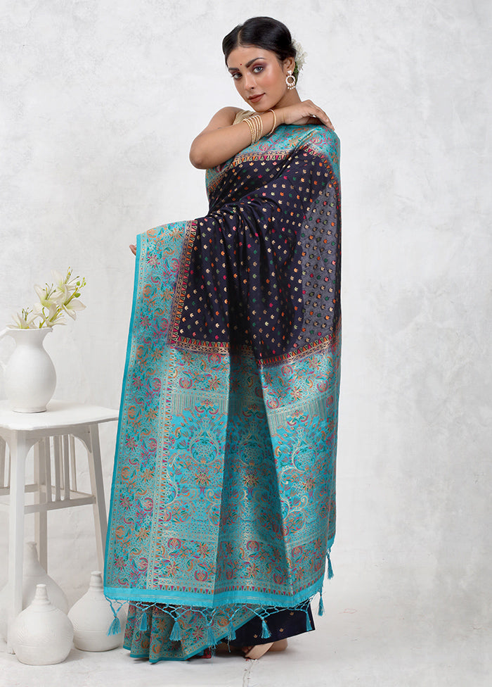 Blue Dupion Silk Saree Without Blouse Piece - Indian Silk House Agencies