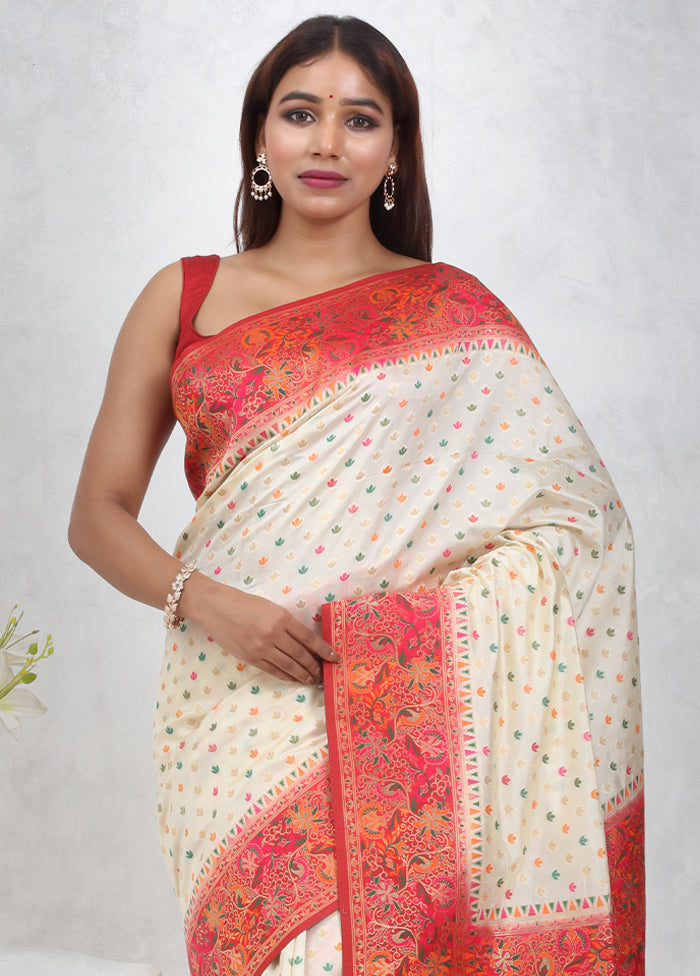 White Dupion Silk Saree Without Blouse Piece - Indian Silk House Agencies