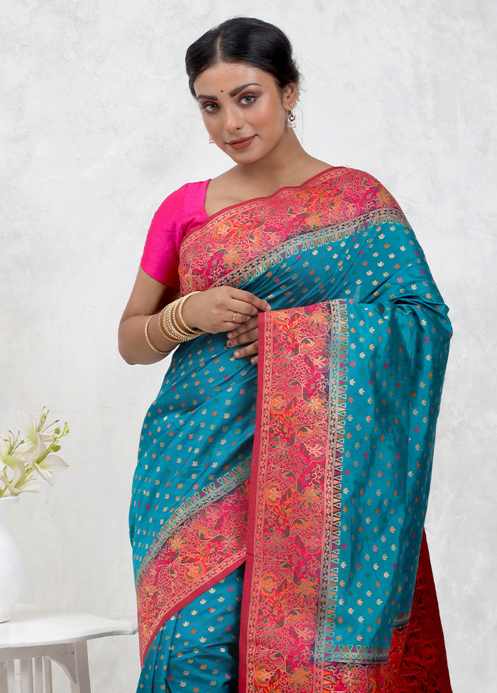 Blue Dupion Silk Saree Without Blouse Piece - Indian Silk House Agencies