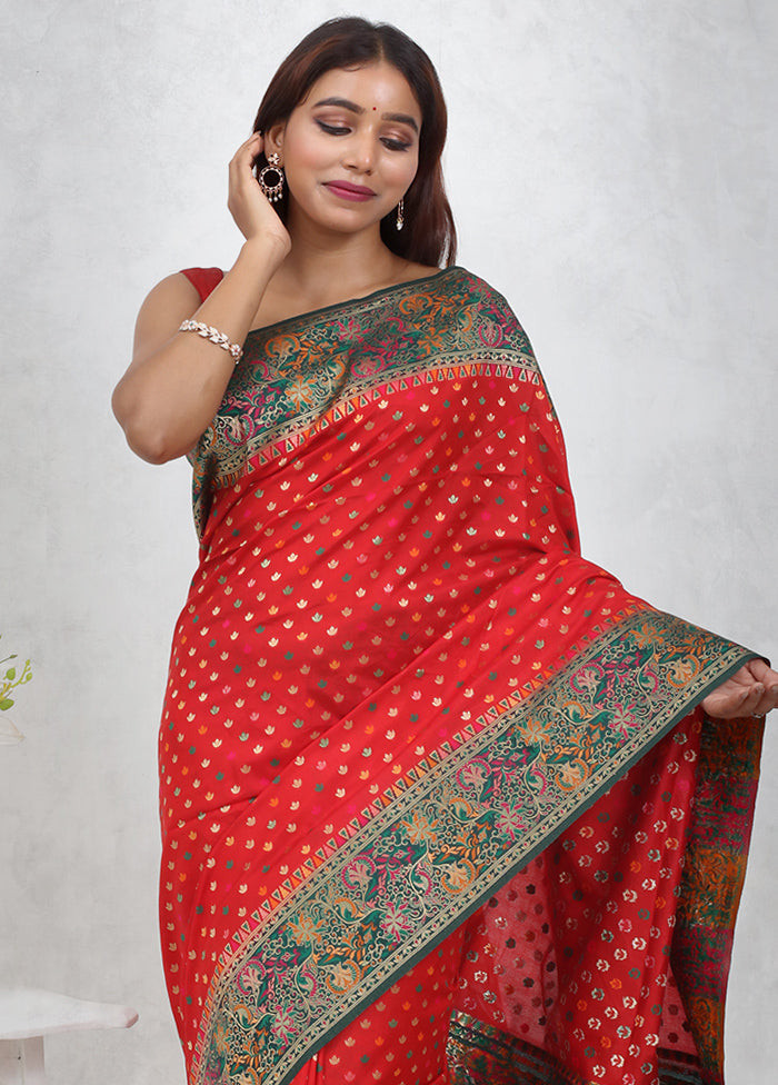 Red Dupion Silk Saree Without Blouse Piece - Indian Silk House Agencies