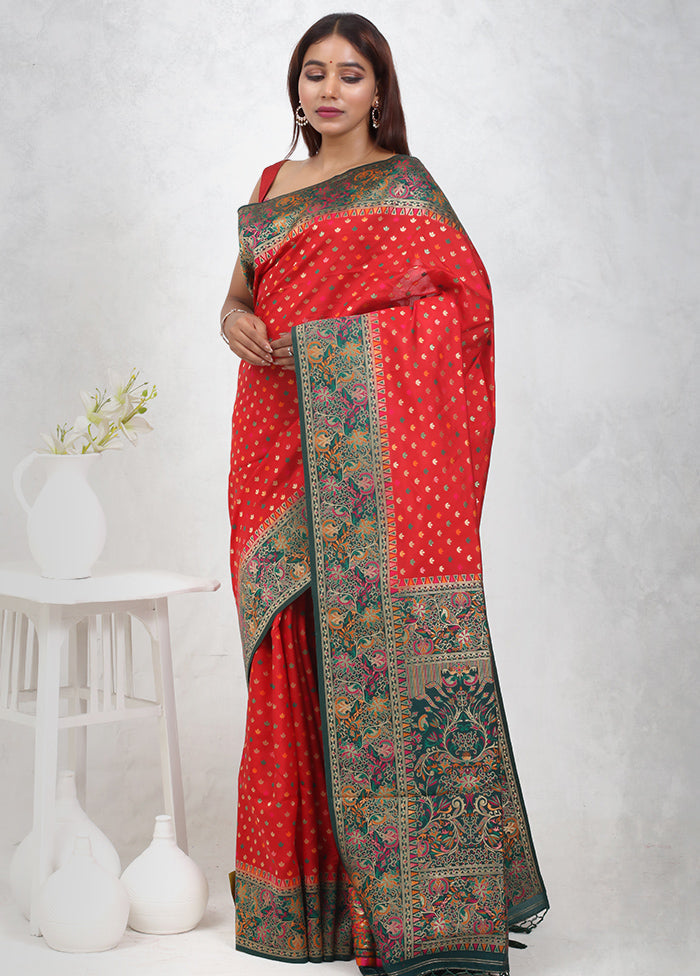 Red Dupion Silk Saree Without Blouse Piece - Indian Silk House Agencies