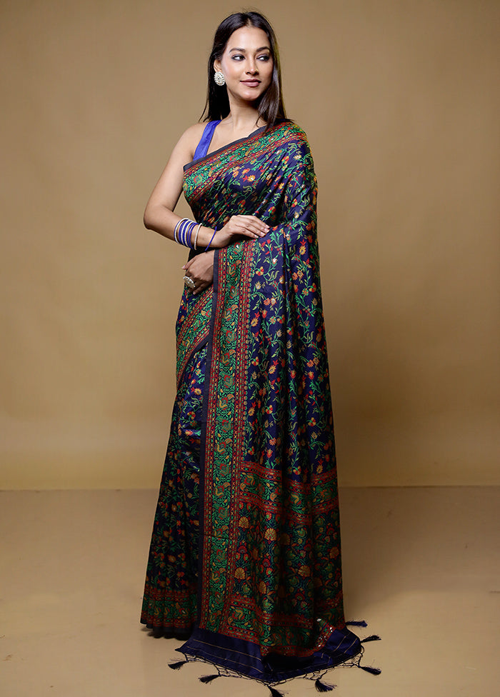 Blue Dupion Silk Saree With Blouse Piece