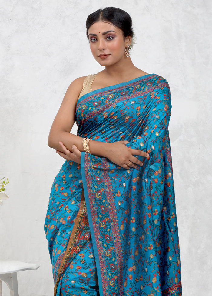 Blue Dupion Silk Saree Without Blouse Piece - Indian Silk House Agencies