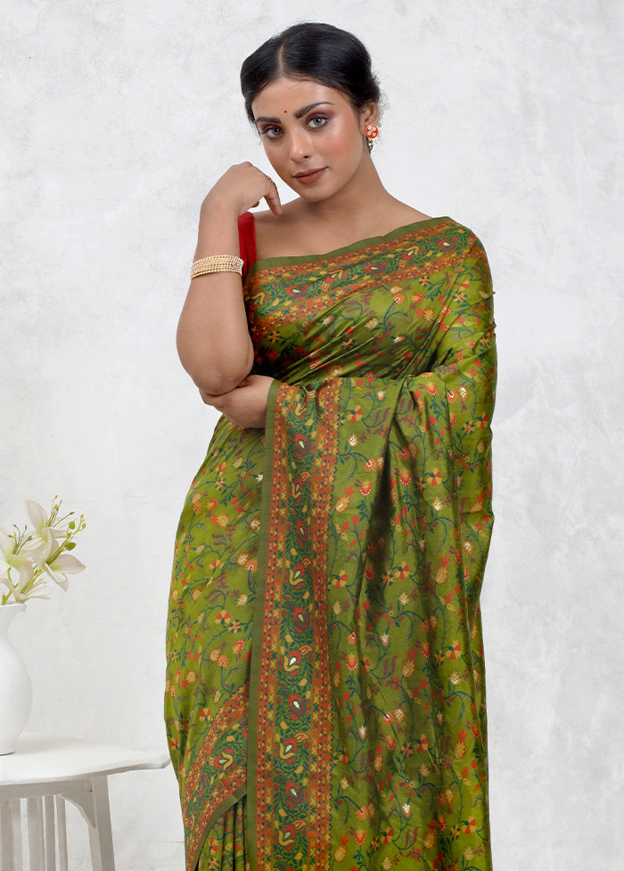 Green Dupion Silk Saree Without Blouse Piece - Indian Silk House Agencies