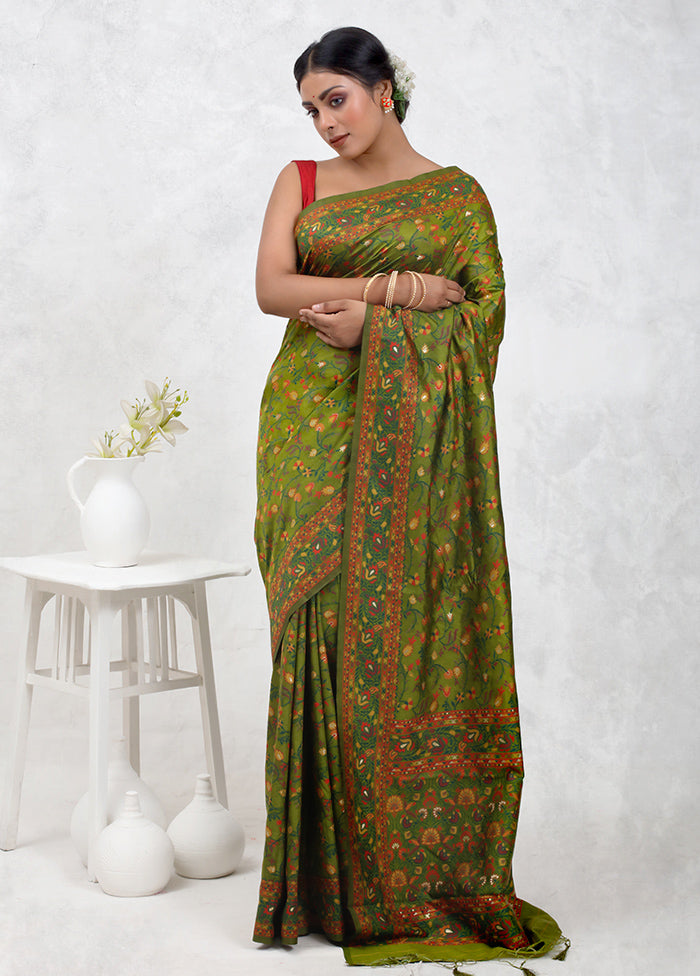 Green Dupion Silk Saree Without Blouse Piece - Indian Silk House Agencies