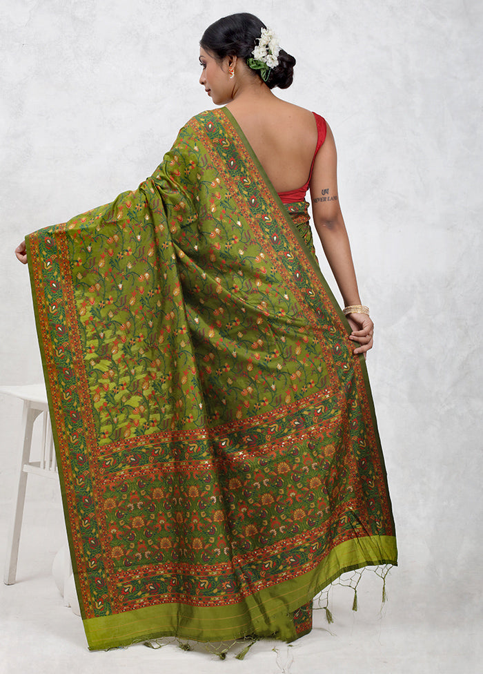 Green Dupion Silk Saree Without Blouse Piece - Indian Silk House Agencies