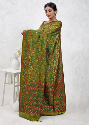 Green Dupion Silk Saree Without Blouse Piece - Indian Silk House Agencies