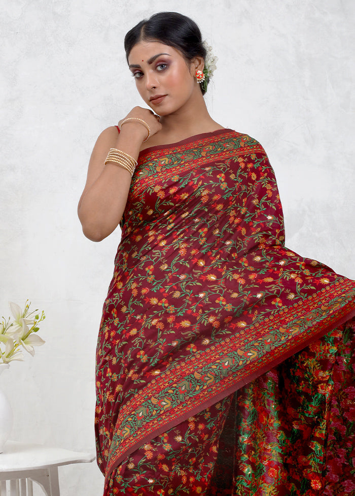 Maroon Dupion Silk Saree With Blouse Piece